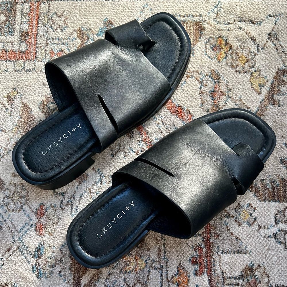 Grey City Black Leather Slides - 7.5